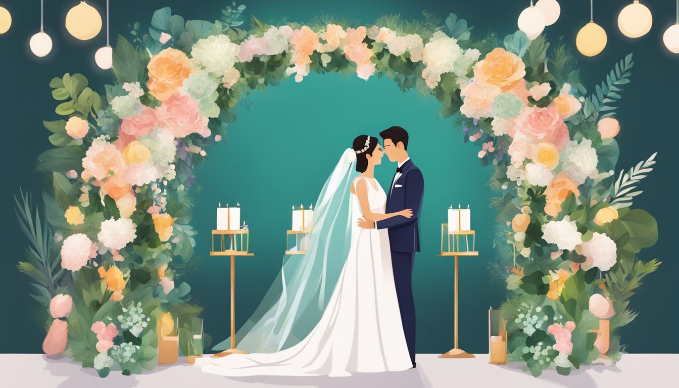 A bride and groom stand under a floral arch at a budget wedding venue in Singapore, with additional wedding services being set up around them