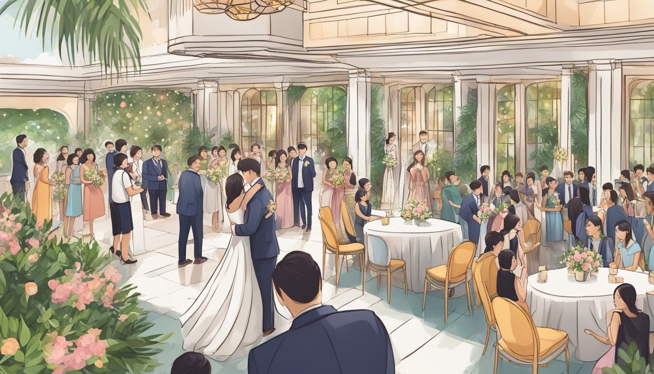 A bustling wedding venue in Singapore, with couples and guests enjoying the budget-friendly amenities