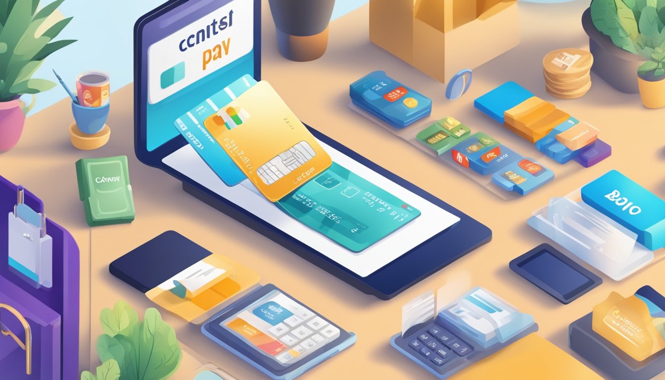 A hand holding a credit card with a "buy now pay later" message displayed on a digital device, surrounded by various retail items