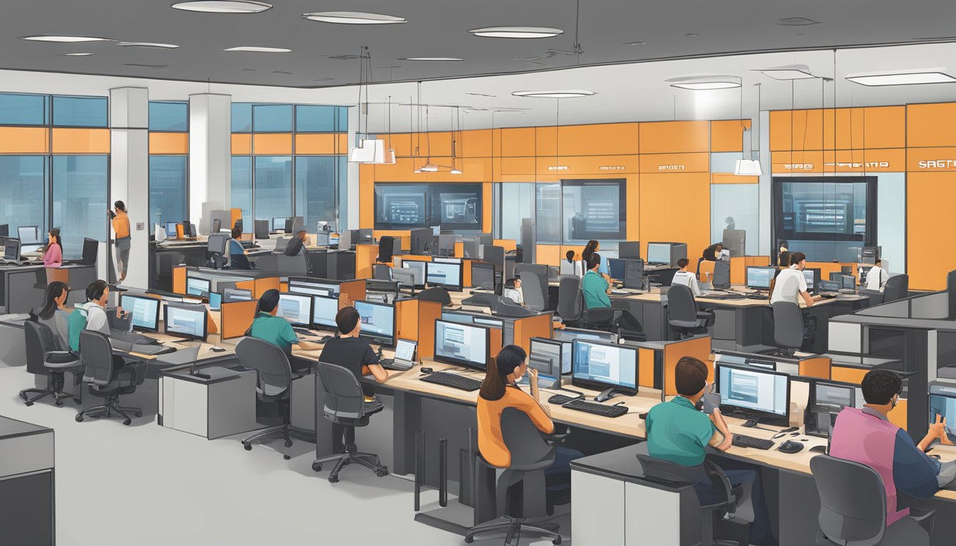 A bustling call center with employees assisting customers at their desks, the DBS logo prominently displayed on the walls. Headsets and computer screens fill the room, with a sense of professionalism and efficiency