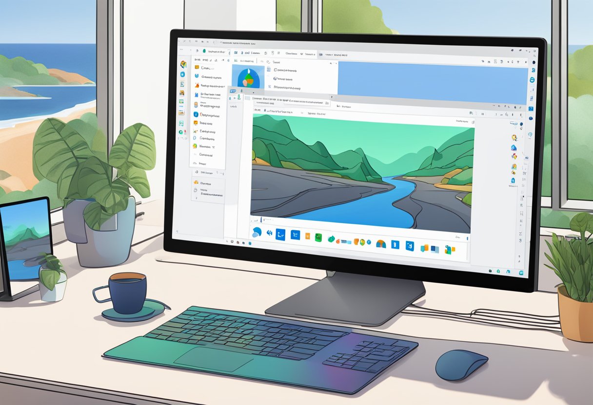 A computer screen displays the Windows 11 desktop with the user navigating to the Taskbar Settings. The user is adjusting settings to make Windows 11 resemble Windows 10