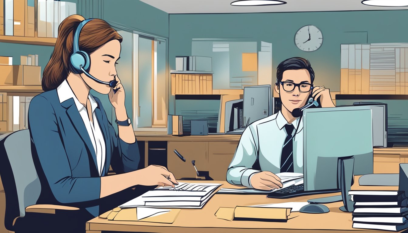 A customer service representative speaking on the phone with a customer, while another representative takes notes and listens attentively