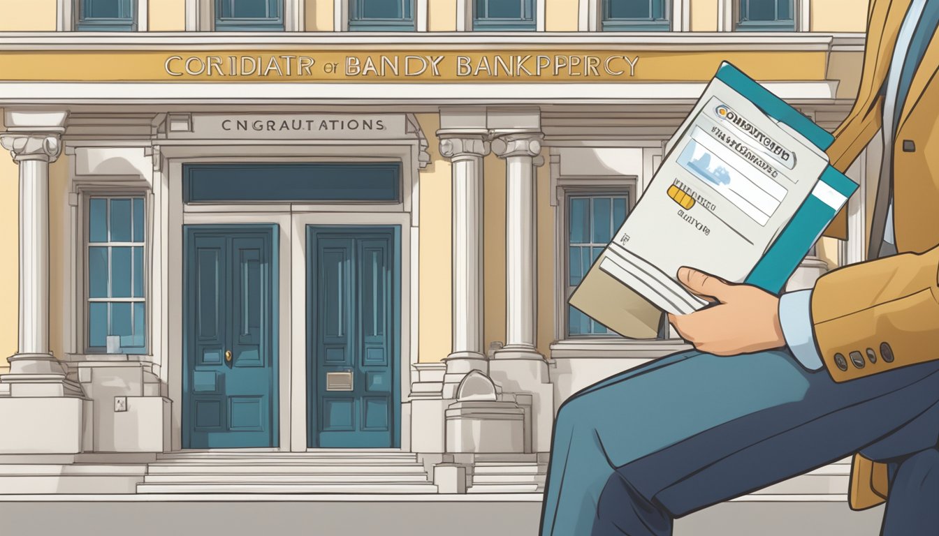 A person holding a credit card in front of a bank in Singapore, with a "Congratulations on your bankruptcy discharge" letter in hand