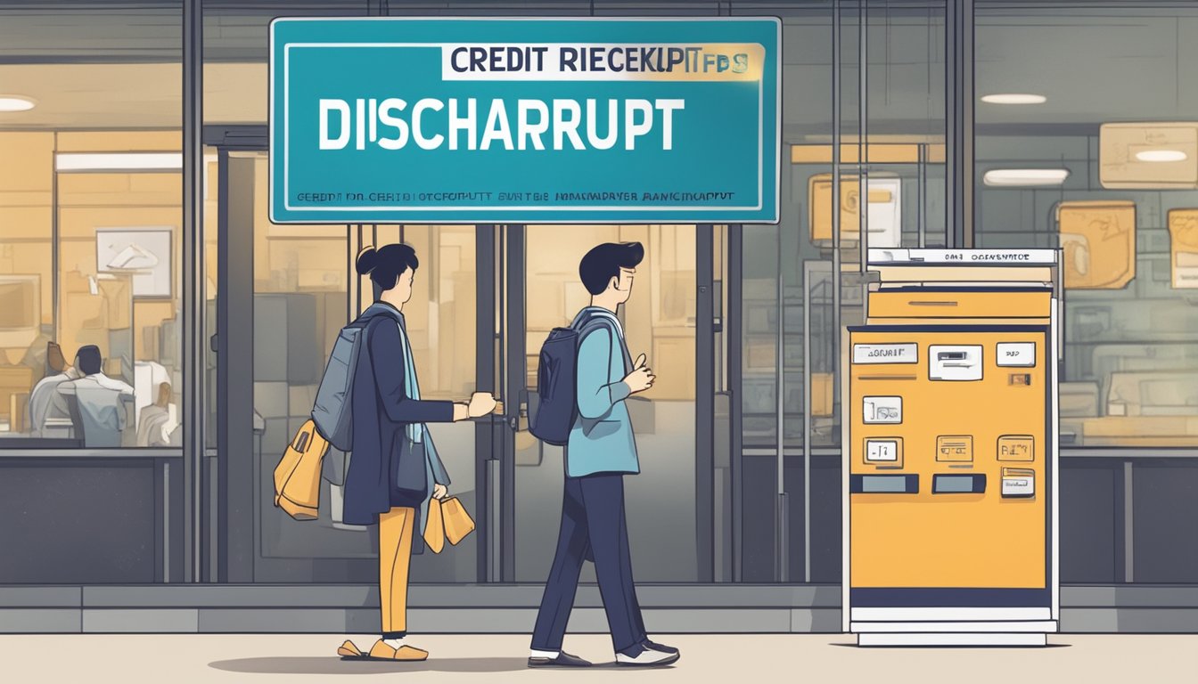 A person holding a credit card with a "Discharged Bankrupt" label, while standing next to a sign that reads "Credit Opportunities for Discharged Bankrupts" in Singapore