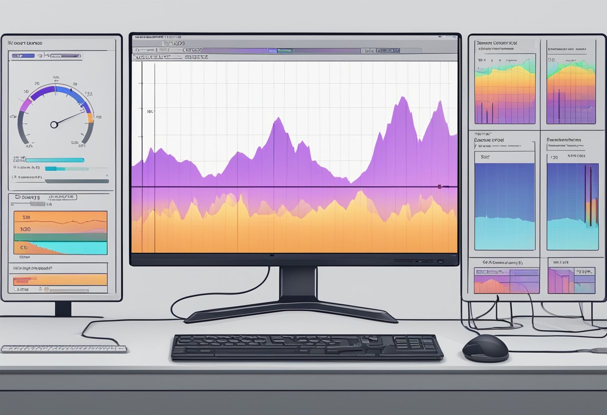A computer monitor displays a graph showing CPU temperature spiking during intense gaming, while a separate window shows performance metrics