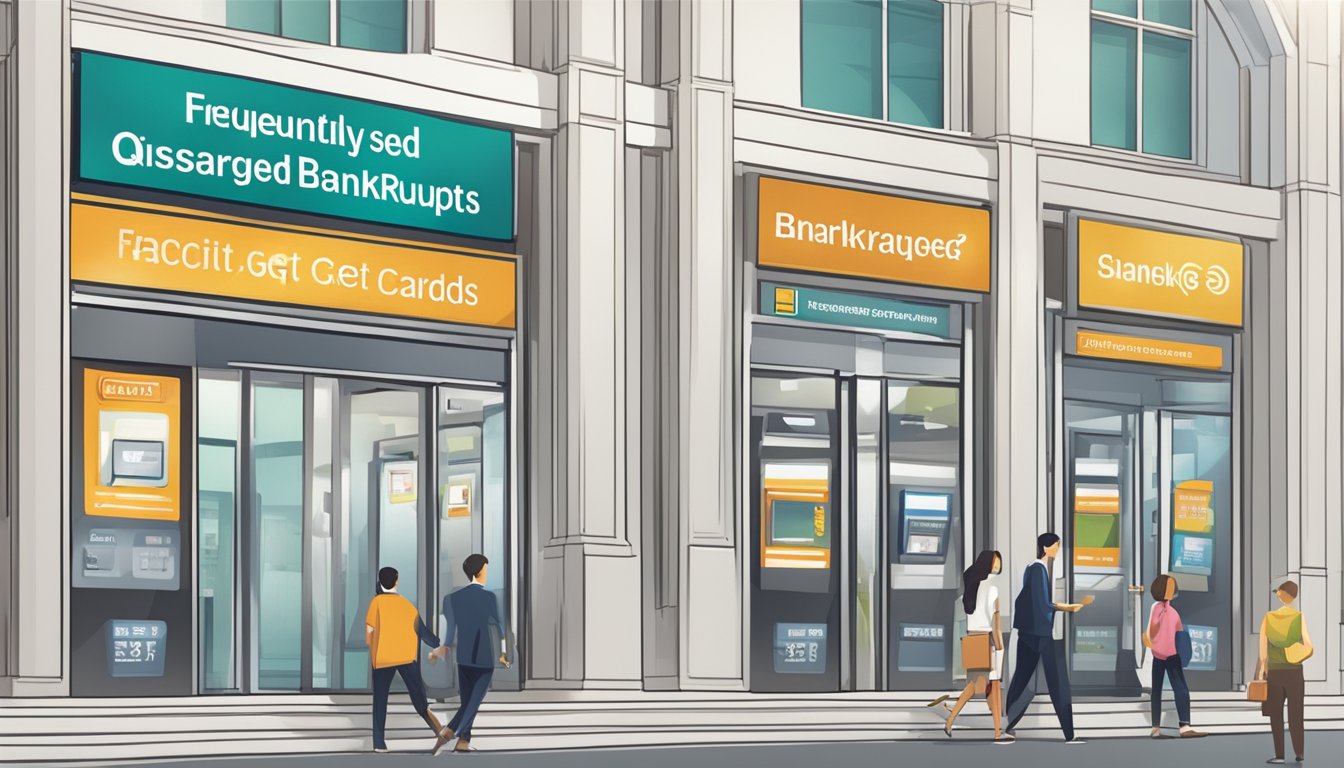 A sign reading "Frequently Asked Questions: Can discharged bankrupts get credit cards in Singapore" displayed prominently in a bank or financial institution