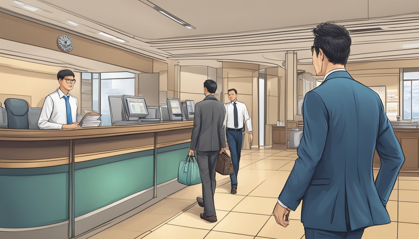A foreigner walks into a Singapore bank, presenting their passport and relevant documents to open an account without an employment pass