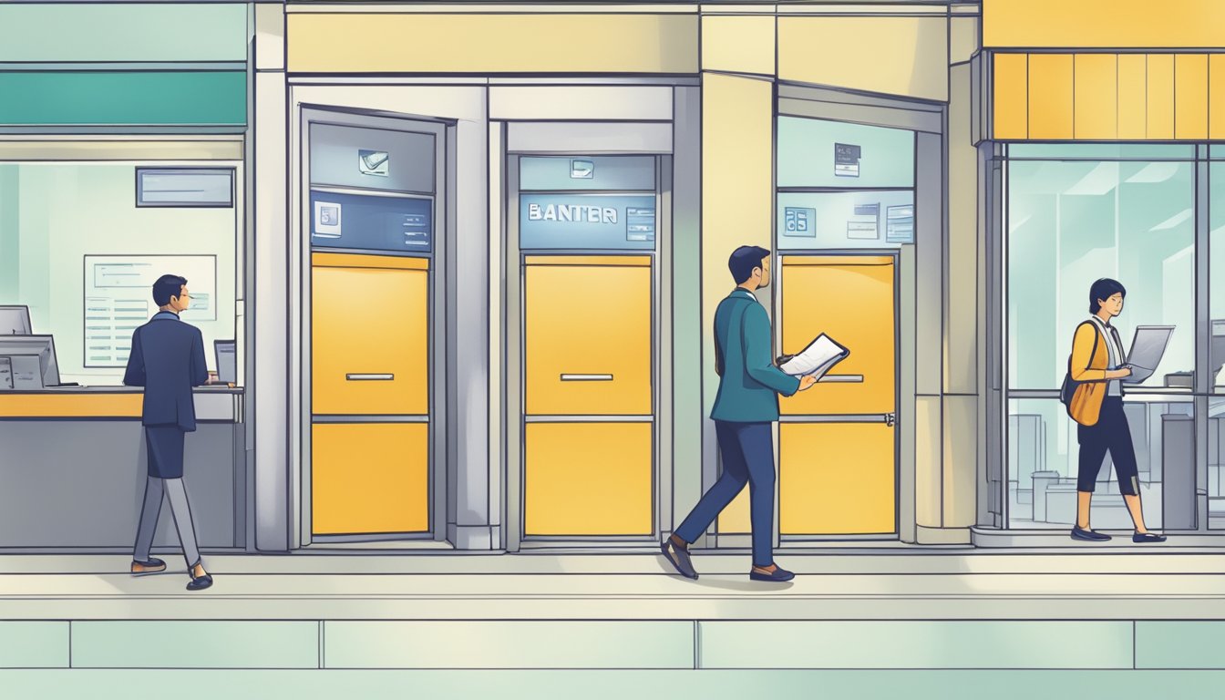 A person walks into a modern bank in Singapore, filling out paperwork at a desk while a friendly bank employee assists them