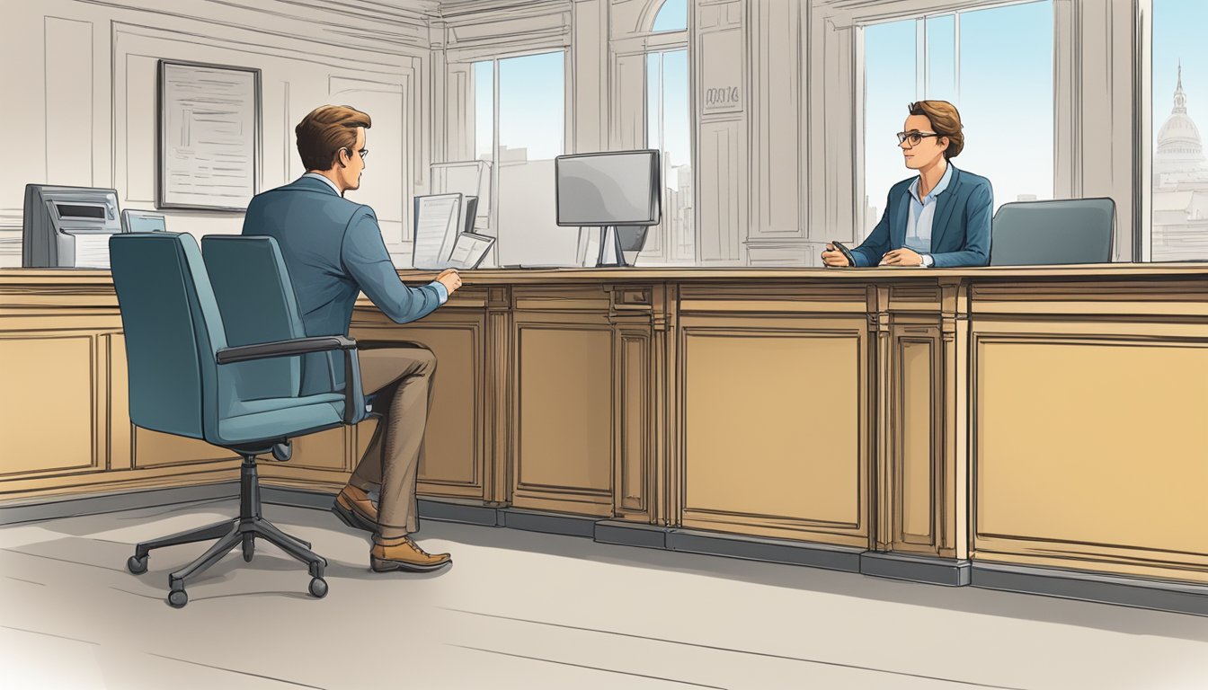 A foreigner sits at a desk in a bank, discussing fees and charges with a bank representative. The bank logo is visible in the background