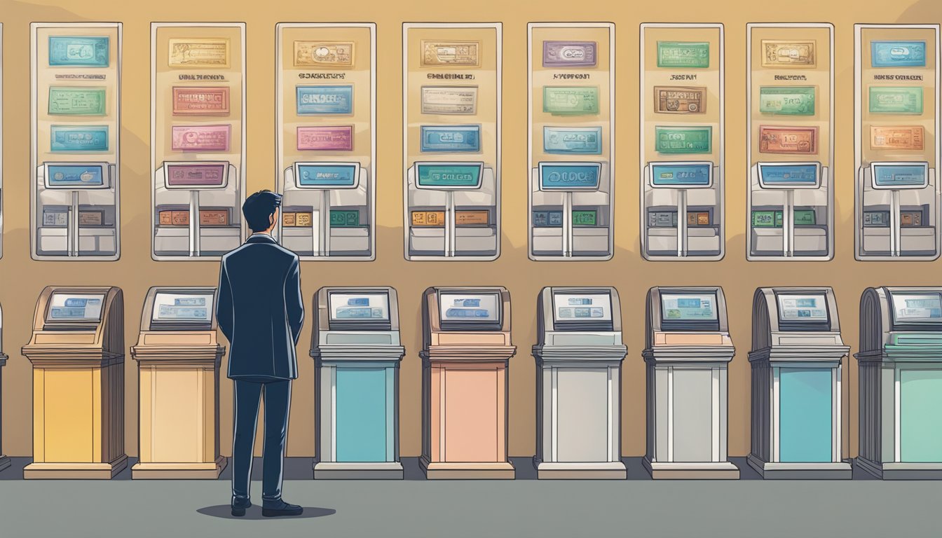 A person standing in front of a row of different banks, with signs displaying their names and logos. The person is comparing the options and looking thoughtful