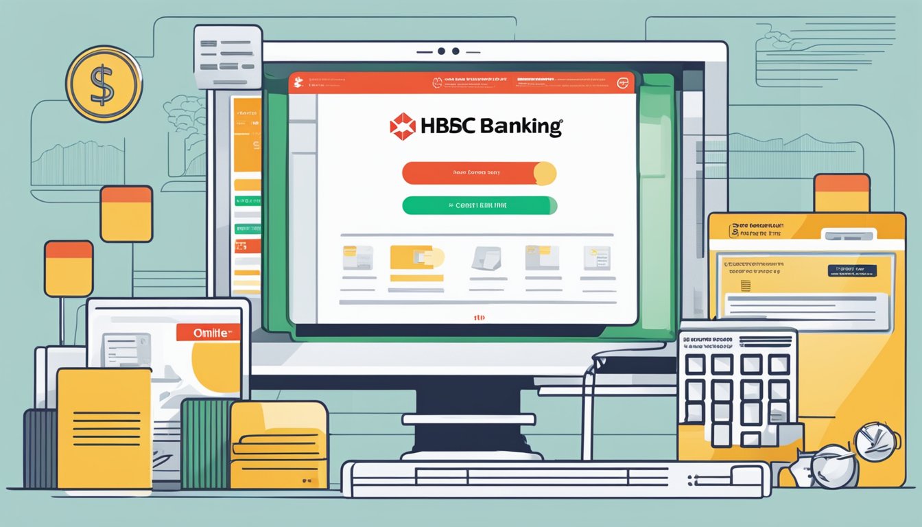 A computer screen displaying the HSBC online banking portal with a prompt to increase credit card limit in Singapore