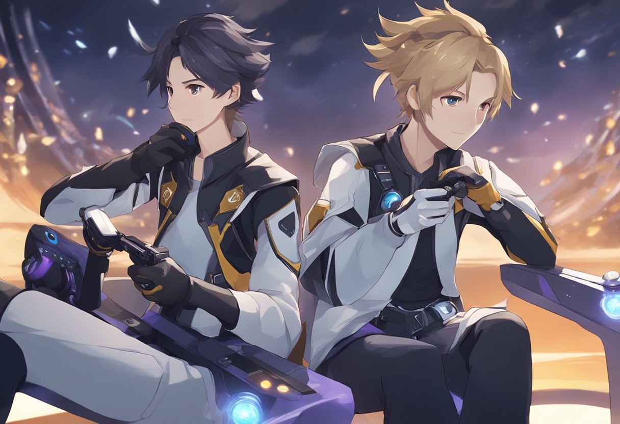 Two players sitting side by side, each with a controller in hand, playing Genshin Impact together on a large screen