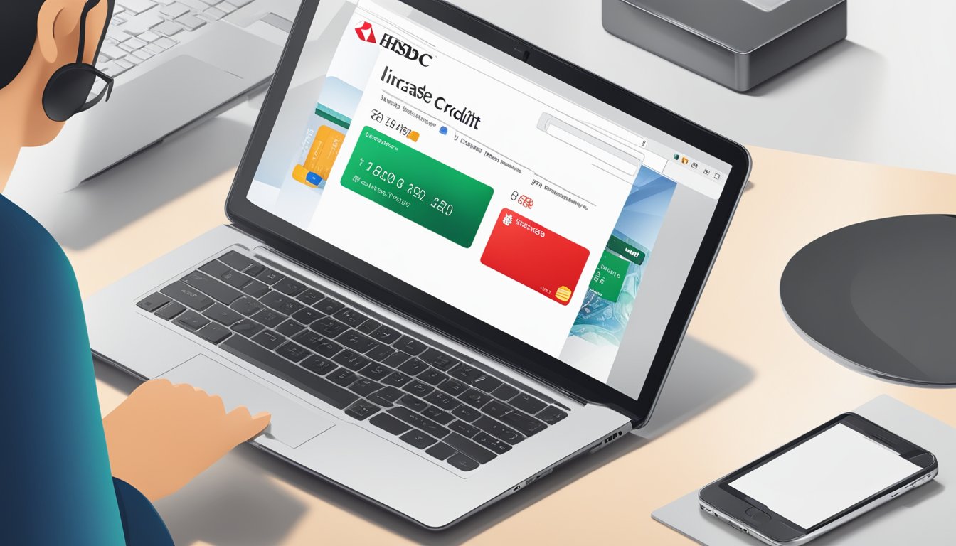 A laptop displaying the HSBC website with a credit card icon and a "Increase Credit Limit" button highlighted. A smartphone with the HSBC mobile app is also shown, with the same options available