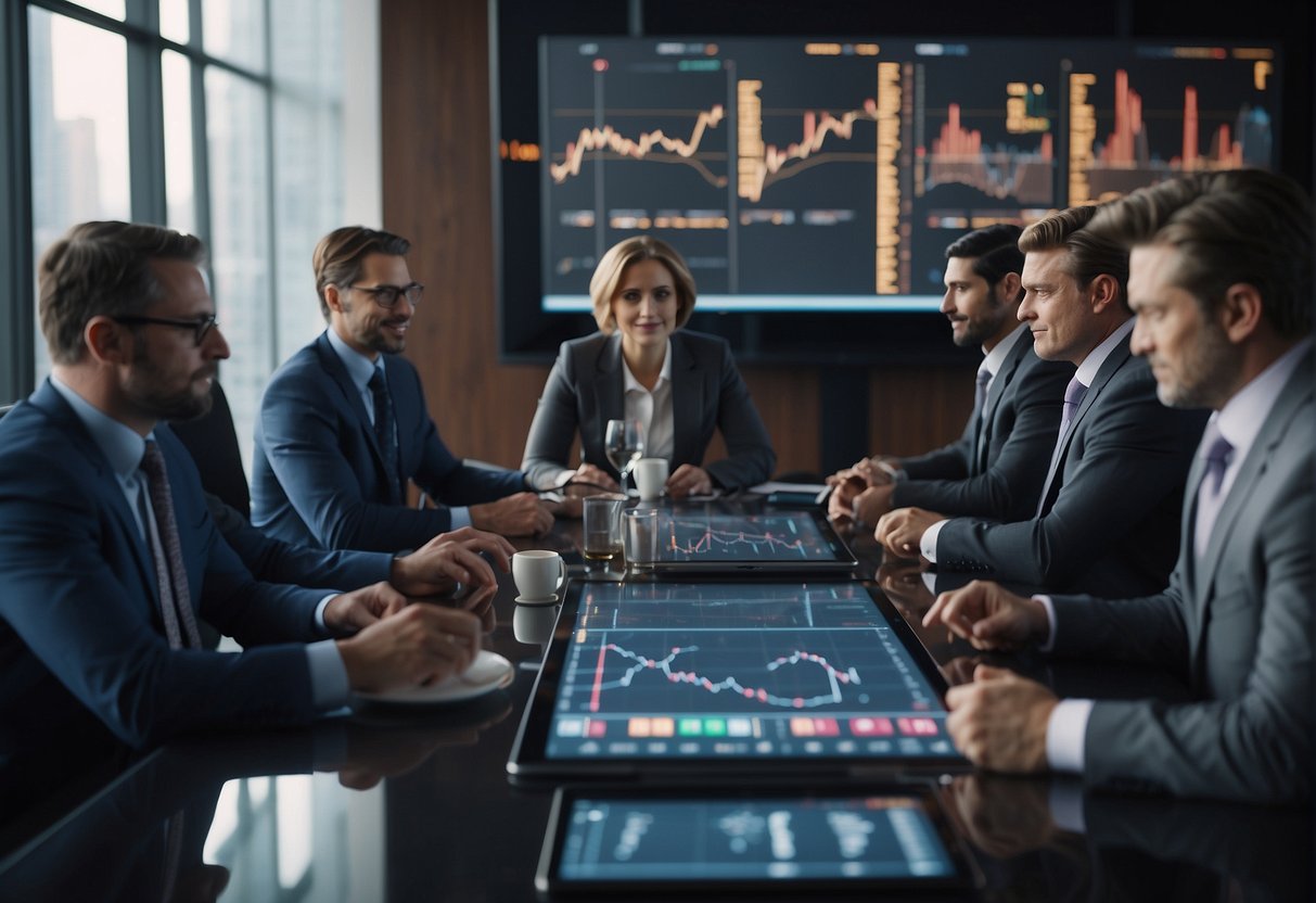 A group of financial regulators discussing the challenges of cryptocurrency investing in a boardroom setting, with charts and graphs displayed on screens