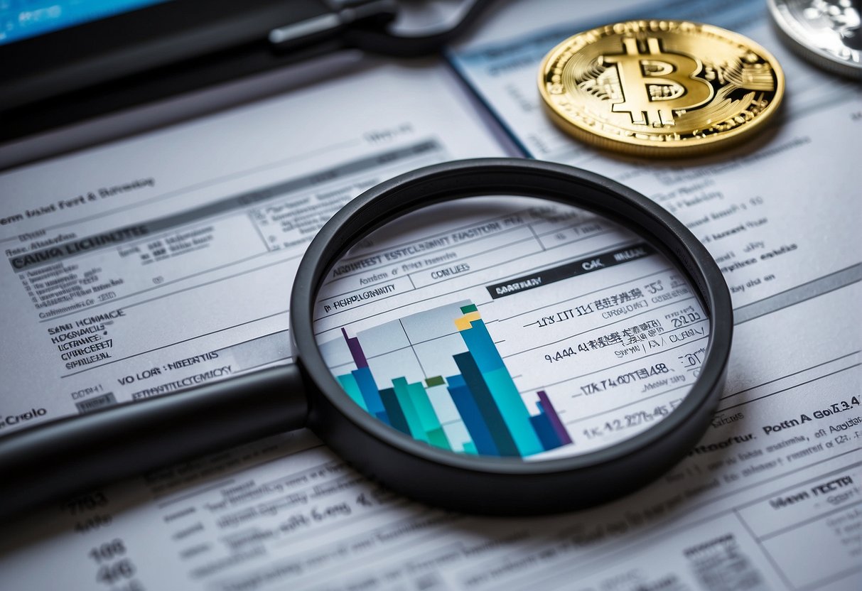 Regulatory documents scattered on a desk, with a computer screen displaying cryptocurrency charts and graphs. A magnifying glass hovers over a section of the documents, emphasizing the need for scrutiny and transparency in cryptocurrency investing