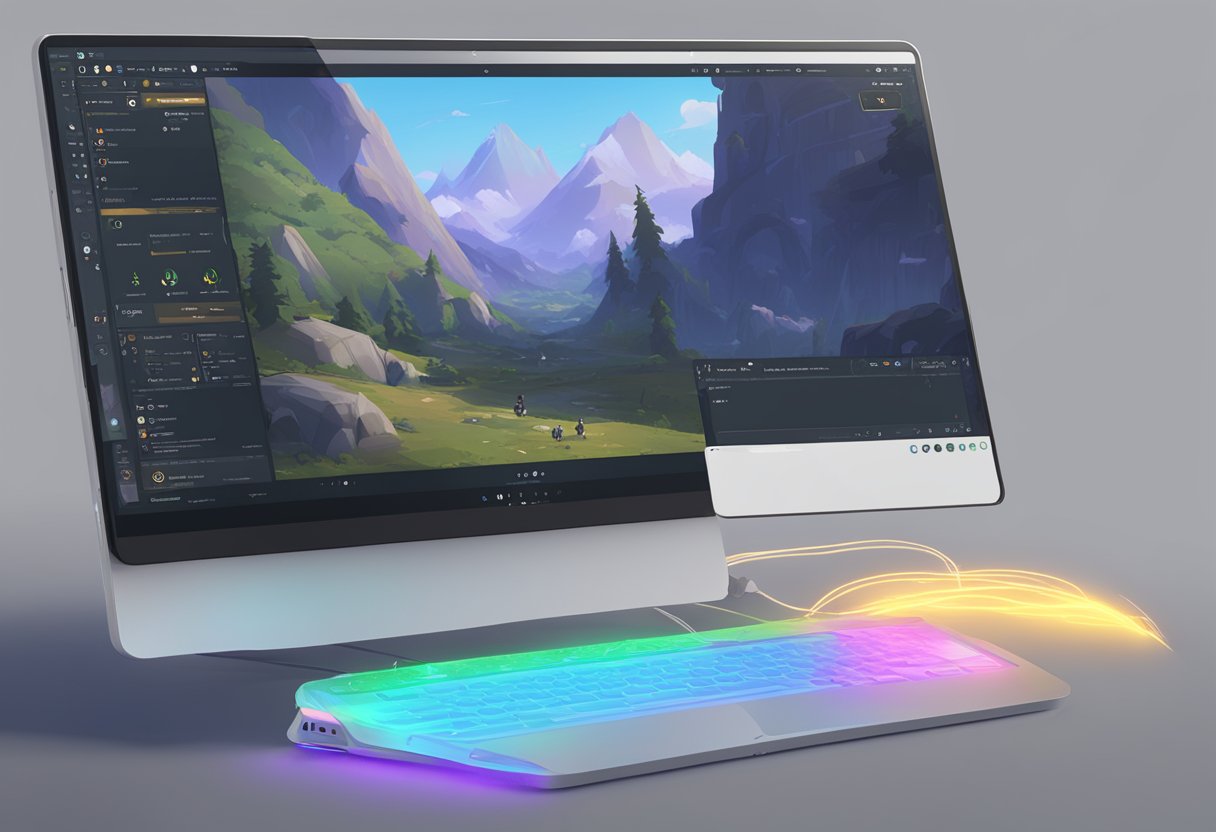 A Mac laptop displaying Genshin Impact game with system requirements and compatibility details on the screen