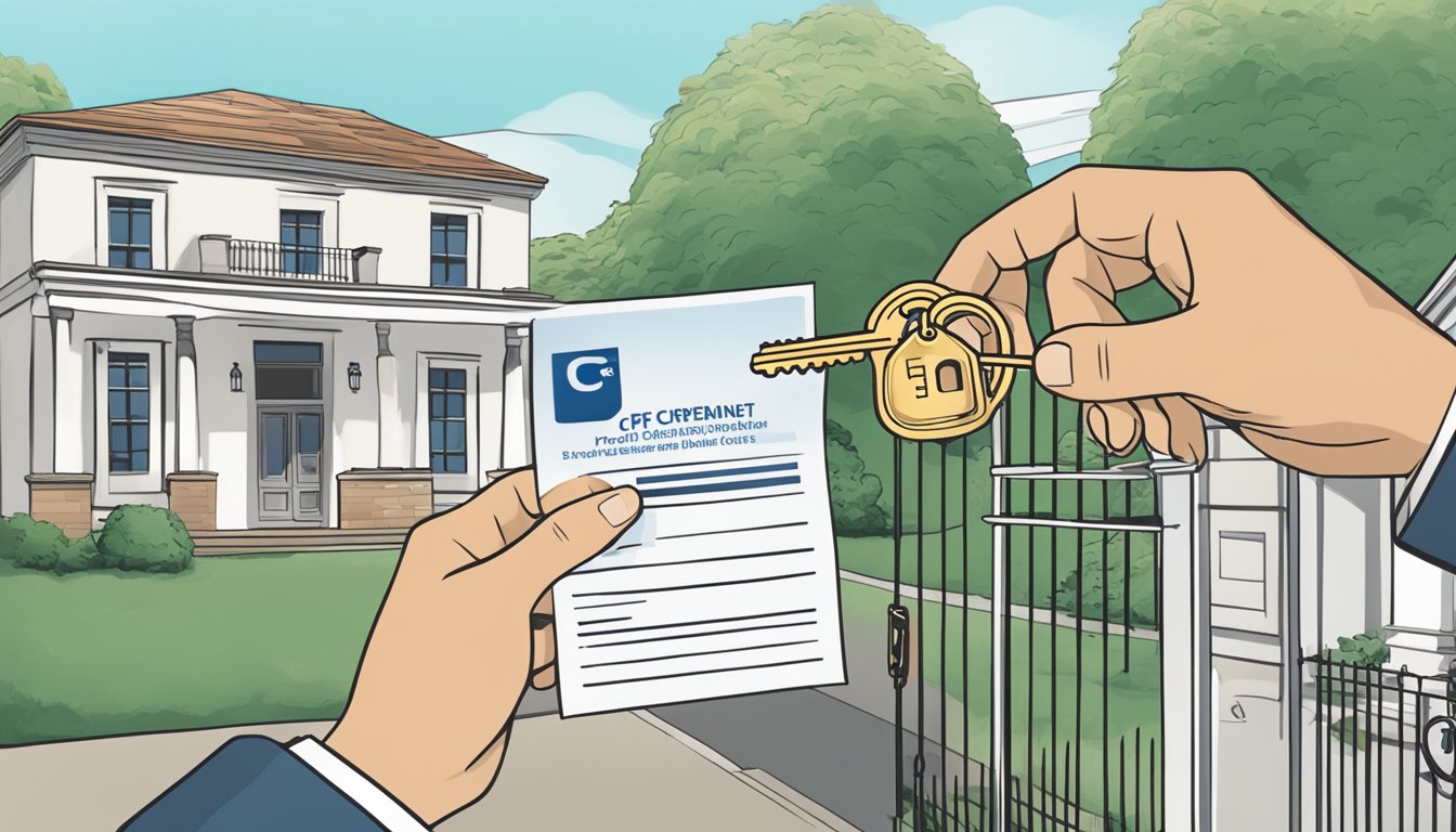 A hand holding a key and a CPF statement, with a house in the background and a bank logo on a sign