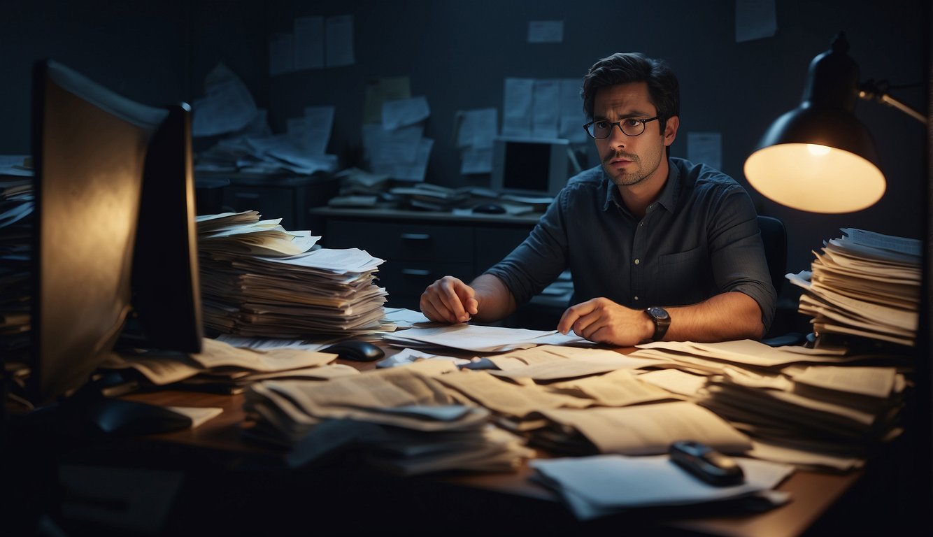A person sits at a cluttered desk, surrounded by bills and loan documents. They stare at a computer screen, looking stressed and overwhelmed. The room is dimly lit, with a sense of urgency and desperation in the air