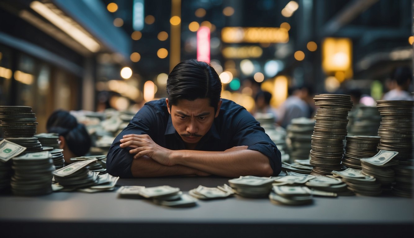 A person in Singapore struggles with debt, seeking financial freedom from money lenders. The scene depicts the burden of debt and the desire for liberation