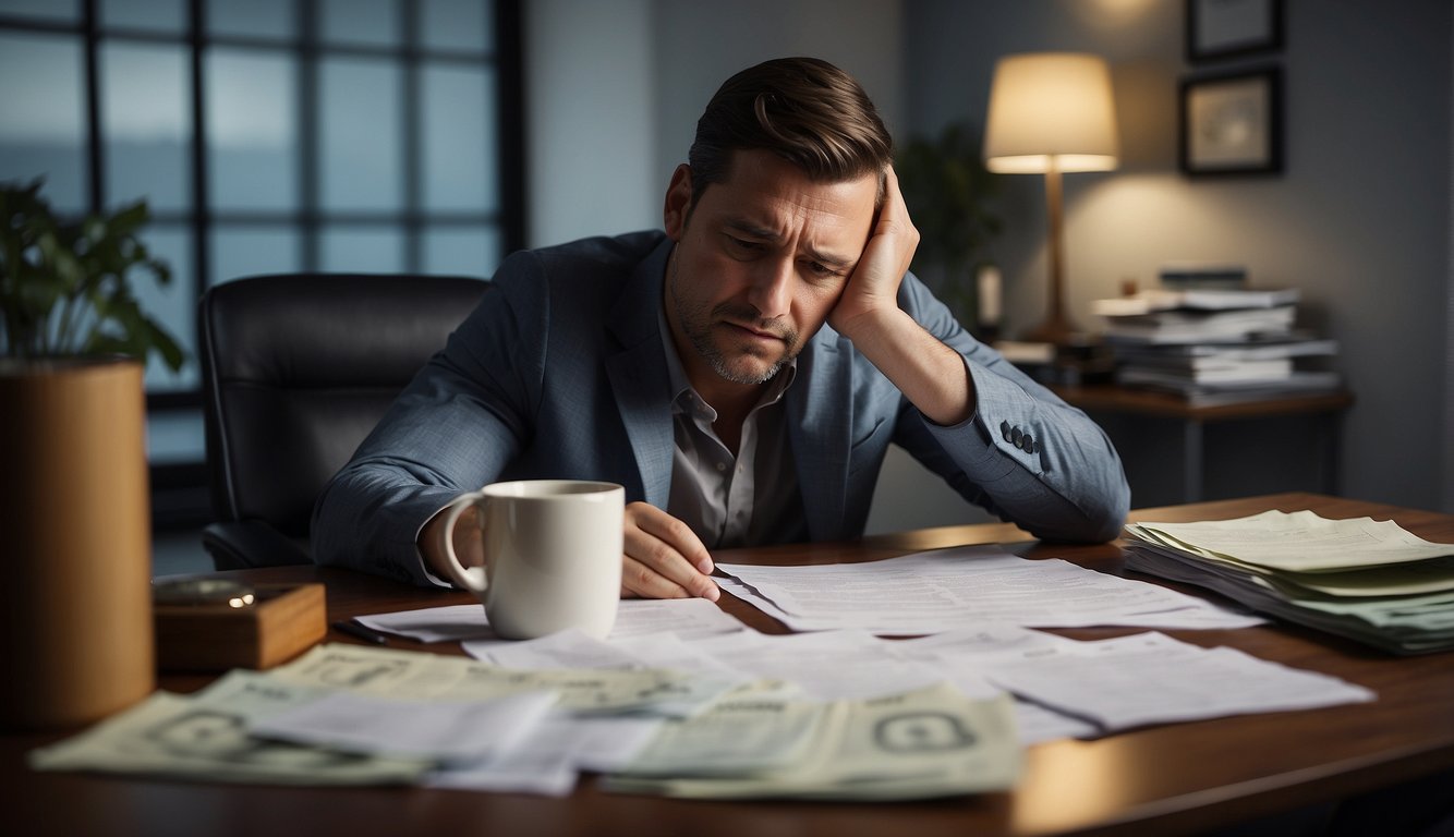 A person sitting at a desk, surrounded by unpaid bills and a letter from the money lender. The person looks stressed and overwhelmed, with a worried expression on their face