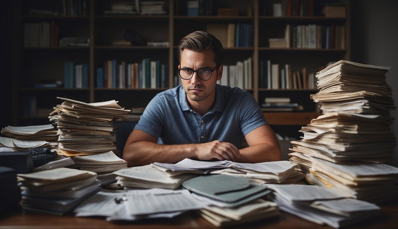 A person sitting at a desk with a pile of bills and a worried expression, surrounded by financial planning books and calculators