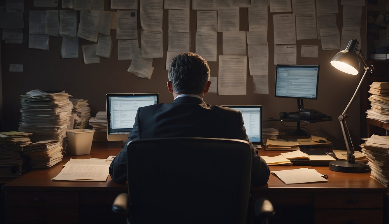 A person sits at a desk surrounded by legal documents and a computer, seeking protection from a money lender. A sense of frustration and determination is evident as they navigate the process towards financial freedom