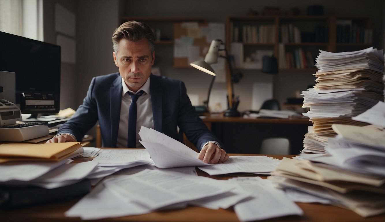 A person sits at a cluttered desk, surrounded by bills and financial documents. They look stressed and overwhelmed as they try to figure out a solution to their debt problems