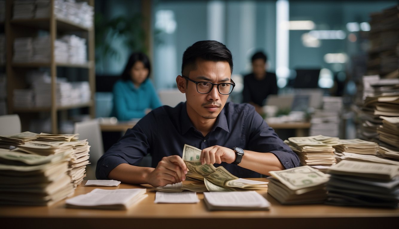 A person sitting at a desk surrounded by financial literacy resources and support materials, with a worried expression as they struggle to repay a money lender in Singapore
