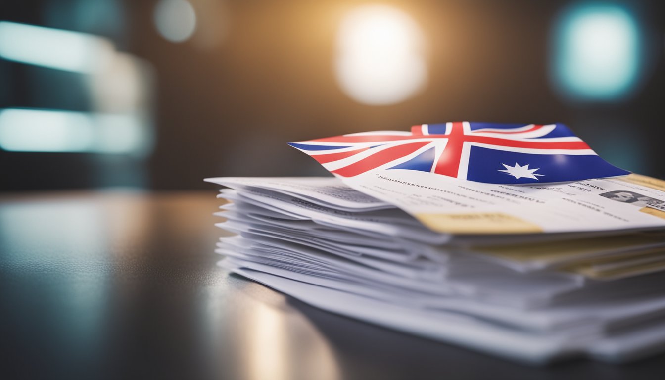 A stack of personal loan documents being merged into one, with a Singaporean flag in the background