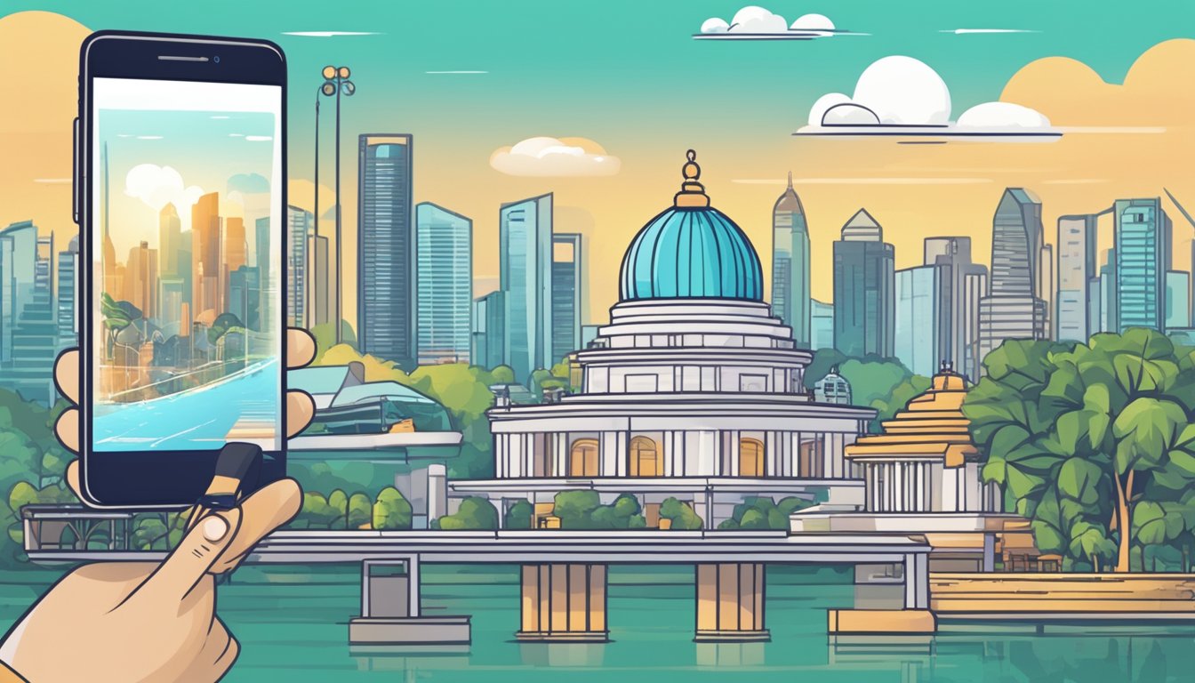 A smartphone displaying a PayNow transfer to PayLah with Singaporean landmarks in the background