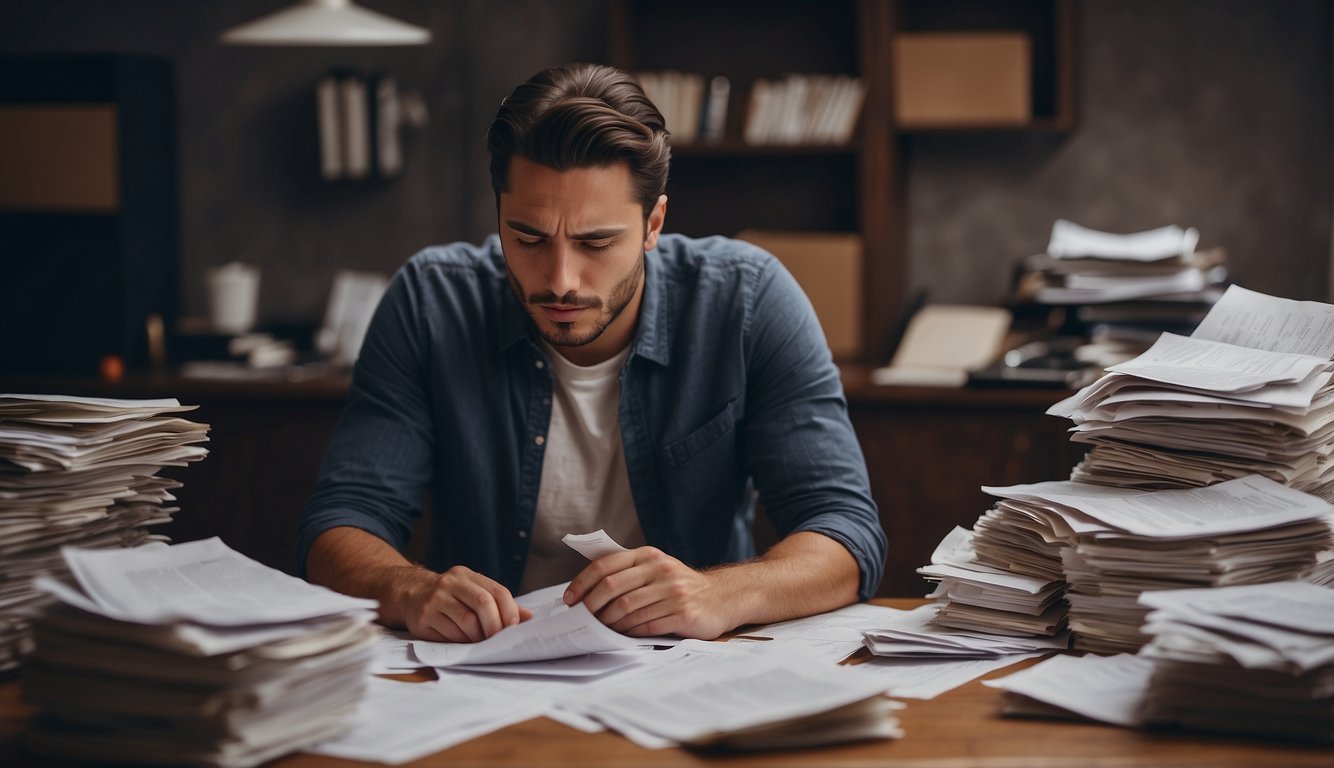 A person sitting at a desk, surrounded by bills and financial documents. They are looking stressed and overwhelmed as they try to figure out a plan for borrowing and repayment
