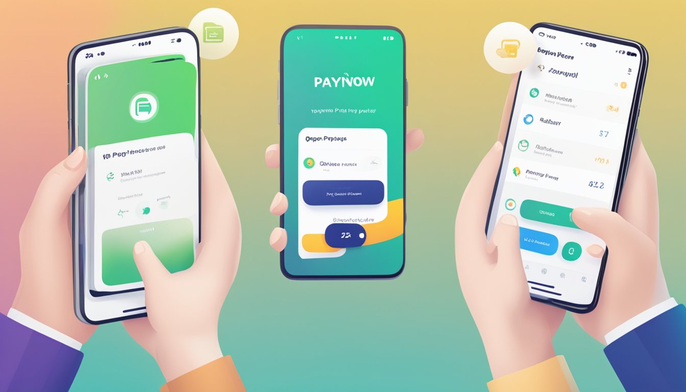 A hand holds a phone with the PayNow app open, while another hand holds a phone with the PayLah app open. The two phones are positioned next to each other, with a transfer in progress between them