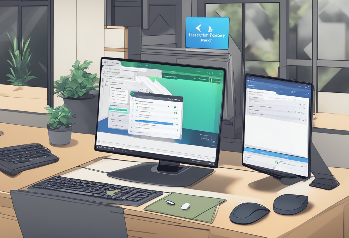 A computer screen displaying Genshin Impact account recovery options with a mouse cursor clicking on the "Account Recovery" button