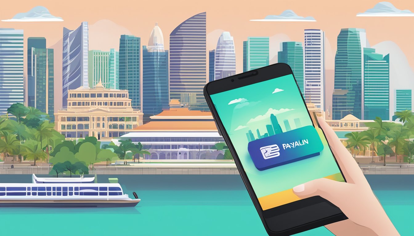 A smartphone screen displaying the PayNow transfer option to PayLah, with Singapore landmarks in the background