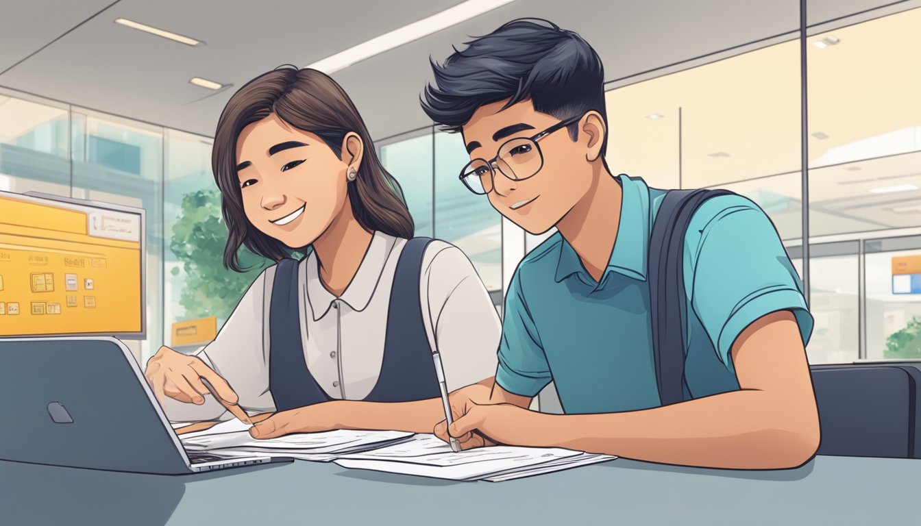A 16-year-old opens a bank account in Singapore. The teenager fills out paperwork at a clean, modern bank branch, with a friendly teller assisting