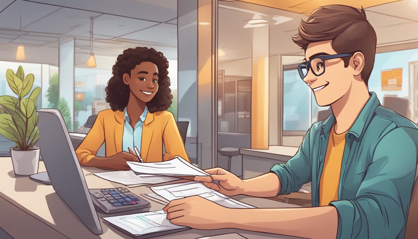 A teenager walks into a bank, filling out forms with a smile. The bank teller nods, guiding the teen through the process of opening a savings account