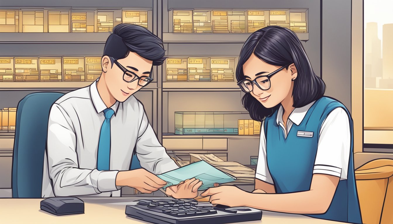 A bank teller assisting a teenager in opening a bank account in Singapore