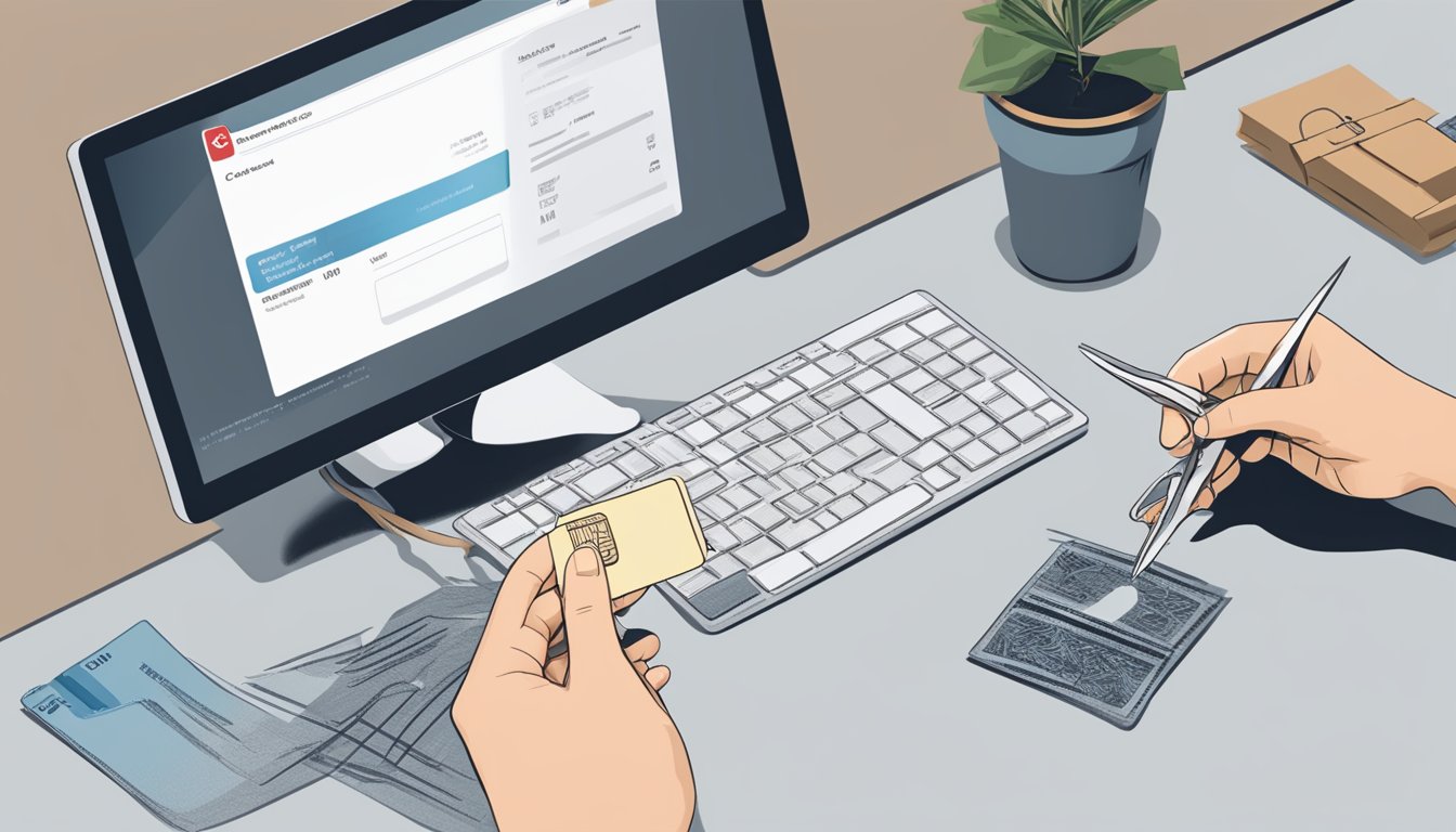 A hand holding a shredded OCBC credit card with a pair of scissors nearby, a computer showing the cancellation process, and a confirmation email on the screen