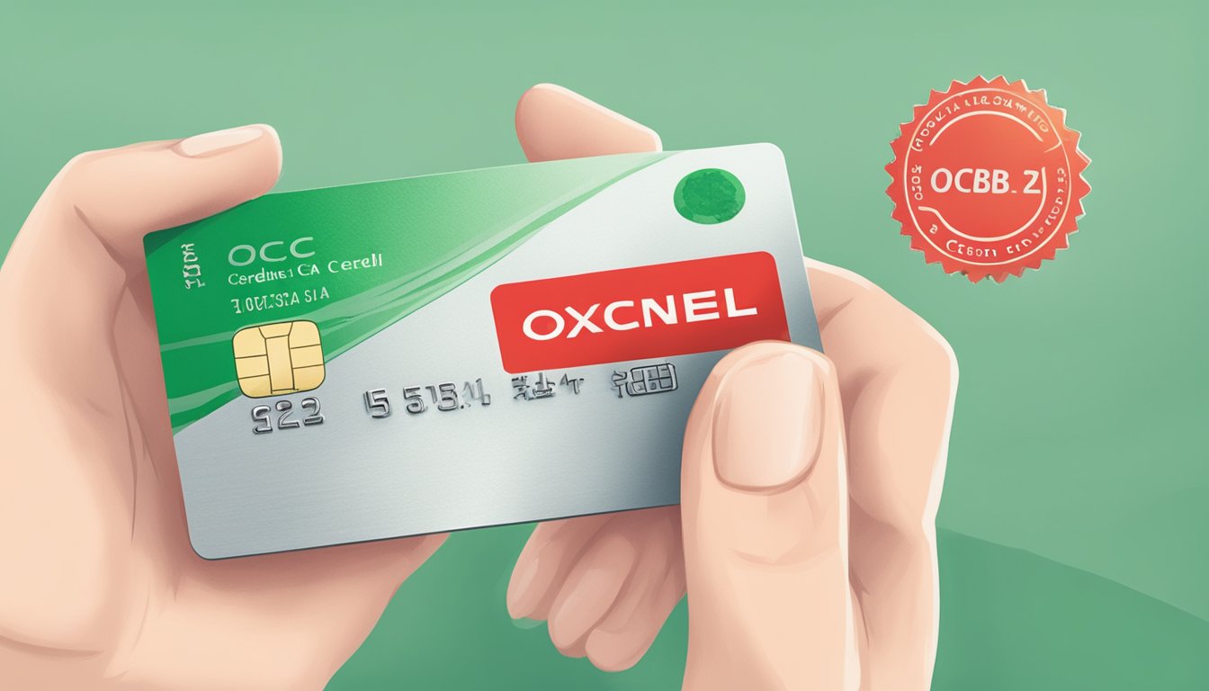 A hand holding an OCBC credit card with a red "cancel" stamp and a green "alternative" stamp