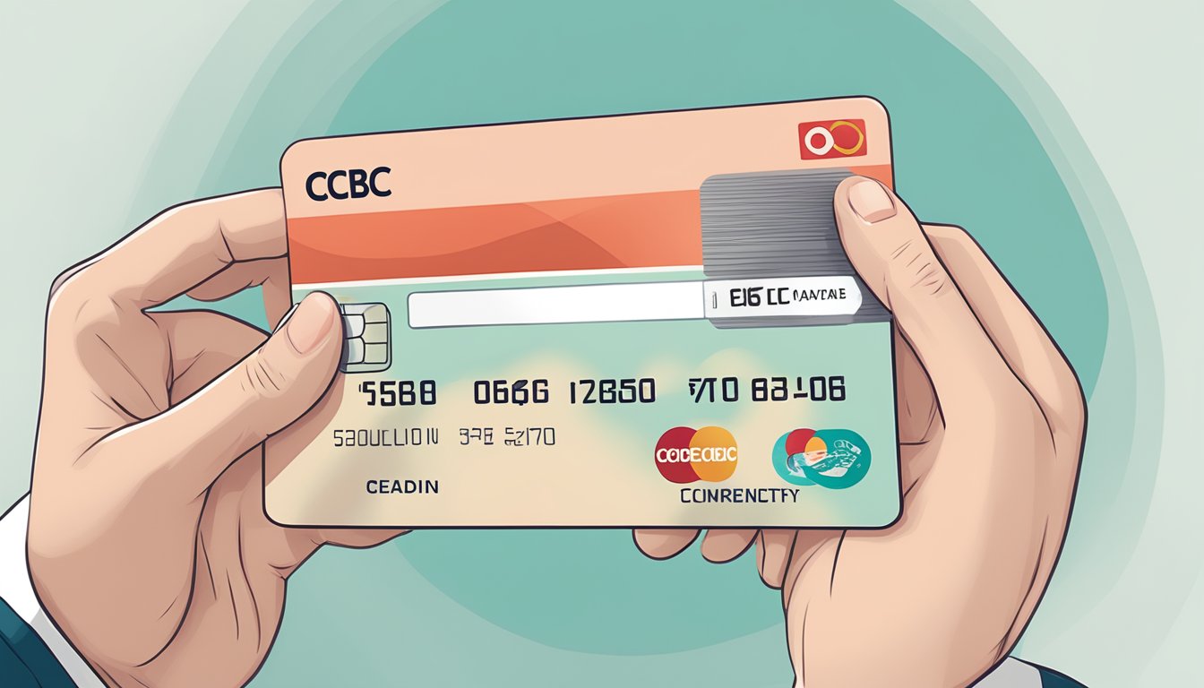 A hand holding a canceled OCBC credit card with a FAQ page in the background
