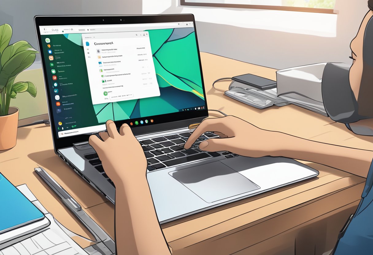 A Chromebook sits on a desk, with a hand hovering over the power button. The screen shows the "Reset" option, as the device is being prepared for a reset