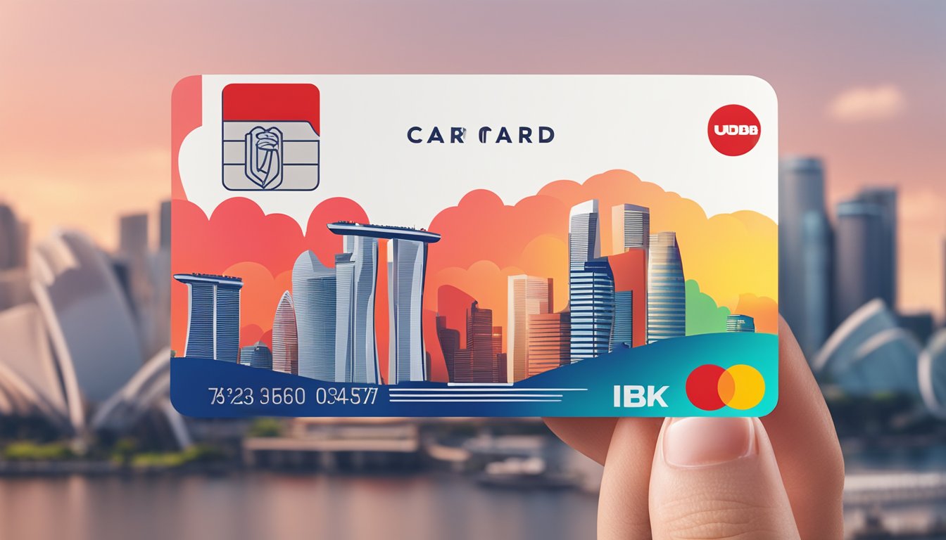 A hand holding a UOB credit card with a red "cancel" stamp over it, against a backdrop of the Singapore skyline