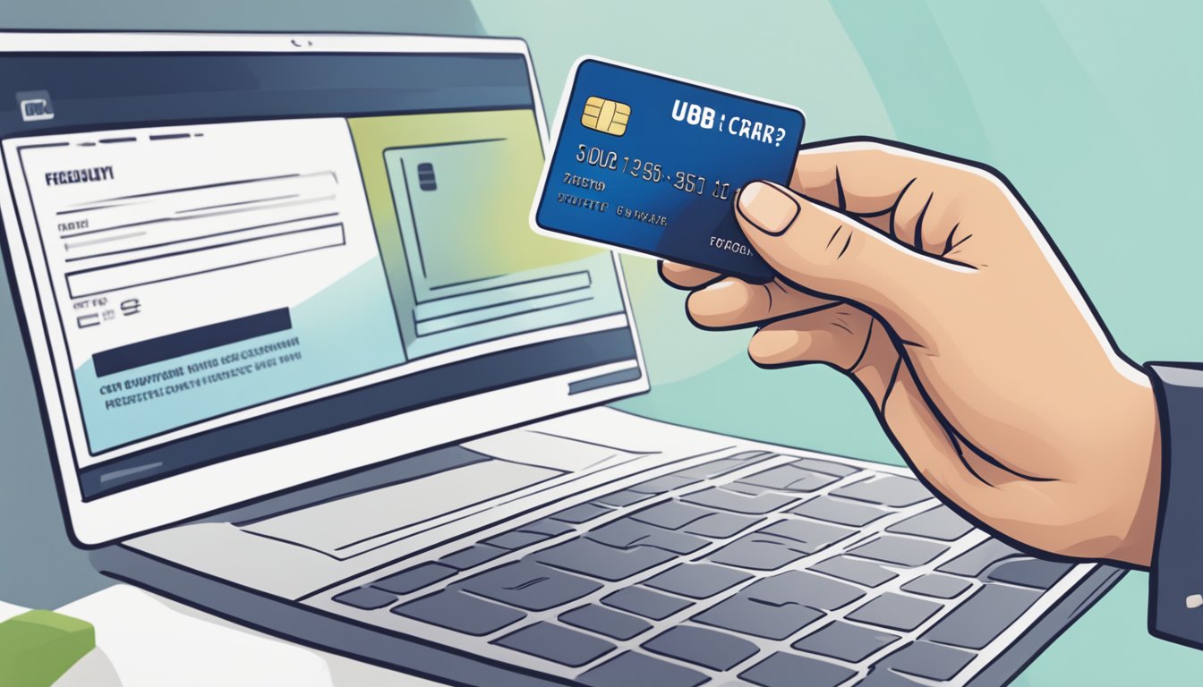 A hand holding a UOB credit card with a "Frequently Asked Questions" page on a computer screen in the background