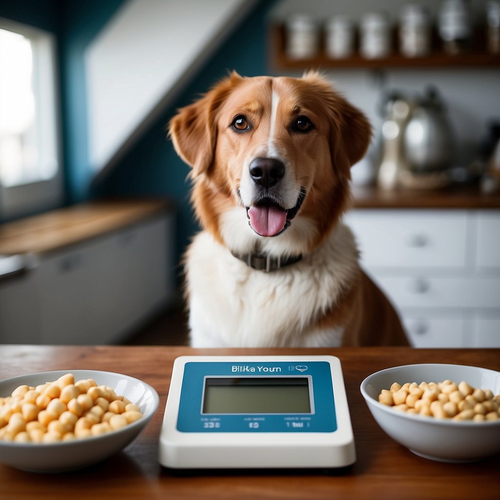 A dog with a determined expression stands next to a scale, with a pile of protein-rich food next to it. The dog's weight is displayed on the scale, and a calculator shows the amount of protein needed per pound