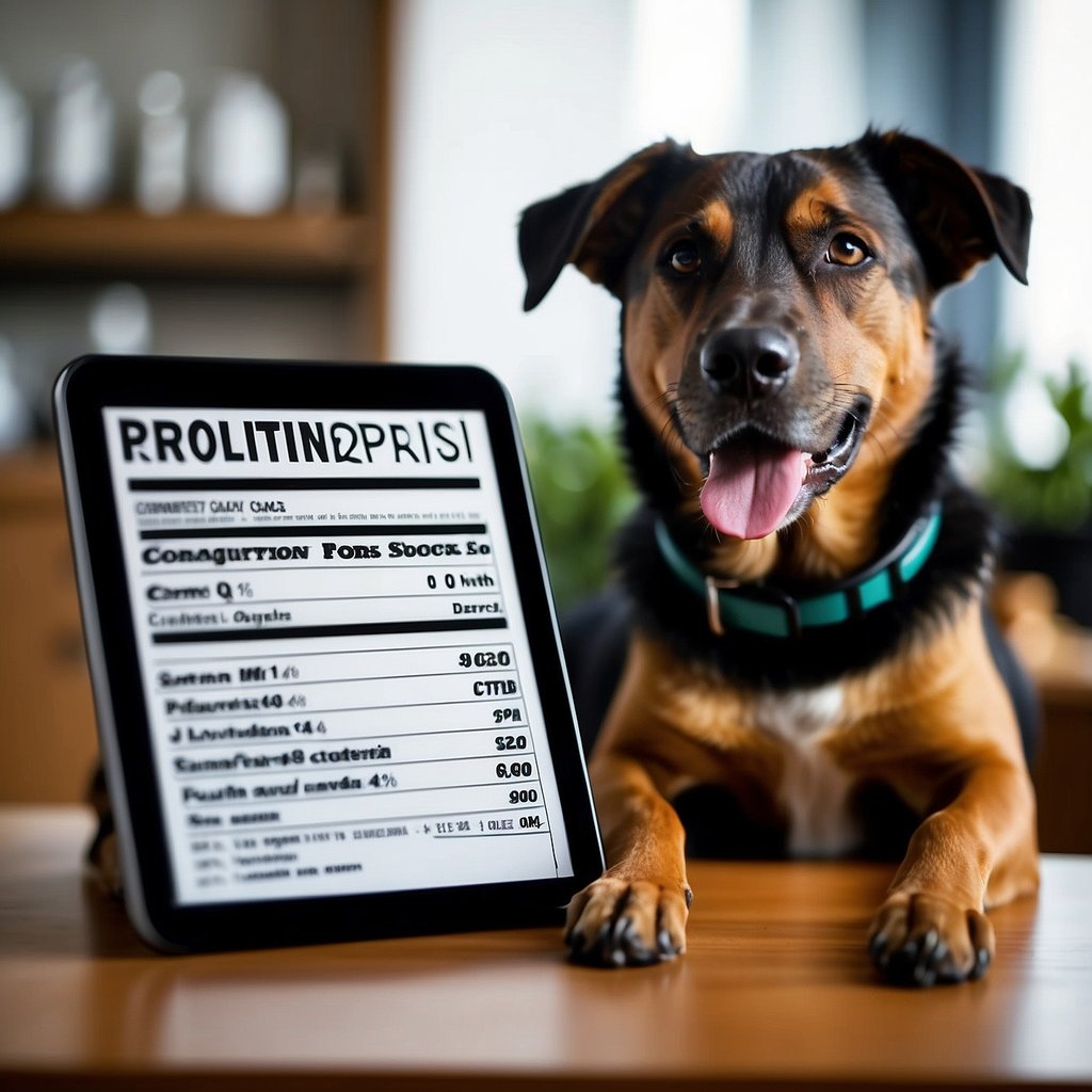 A dog sits by a bowl of food, with a nutrition label showing protein content. A veterinarian holds a chart showing protein needs based on the dog's weight