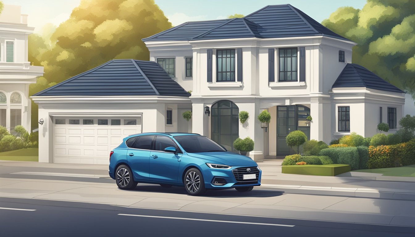 A car parked in front of a house with a sign advertising in-house financing for car loans in Singapore