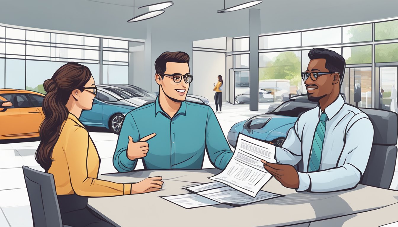 A car dealership employee explains in-house financing options to a customer, pointing to a brochure and discussing terms