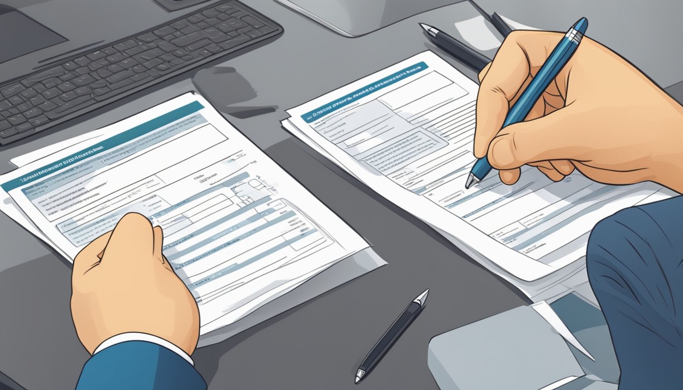 A customer fills out a loan application form at a car dealership in Singapore. The salesperson explains the eligibility requirements