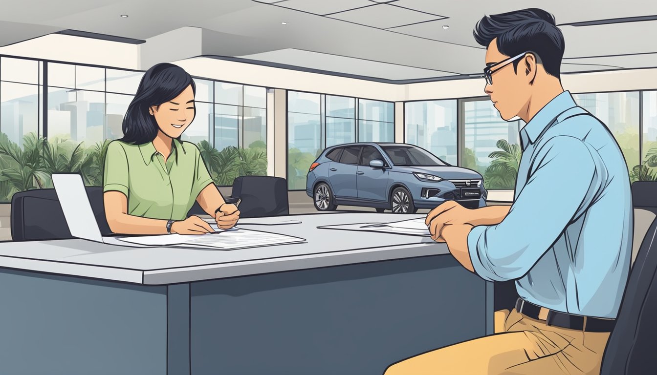 A car loan officer explains terms to a customer in a Singapore dealership. Tables display loan details and brochures highlight in-house financing options