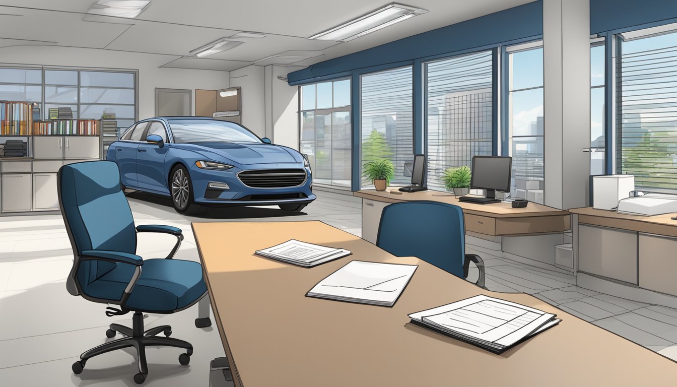 A car dealership office with a desk, chair, and documents on a table. A pen and calculator are visible, along with a sign for in-house financing